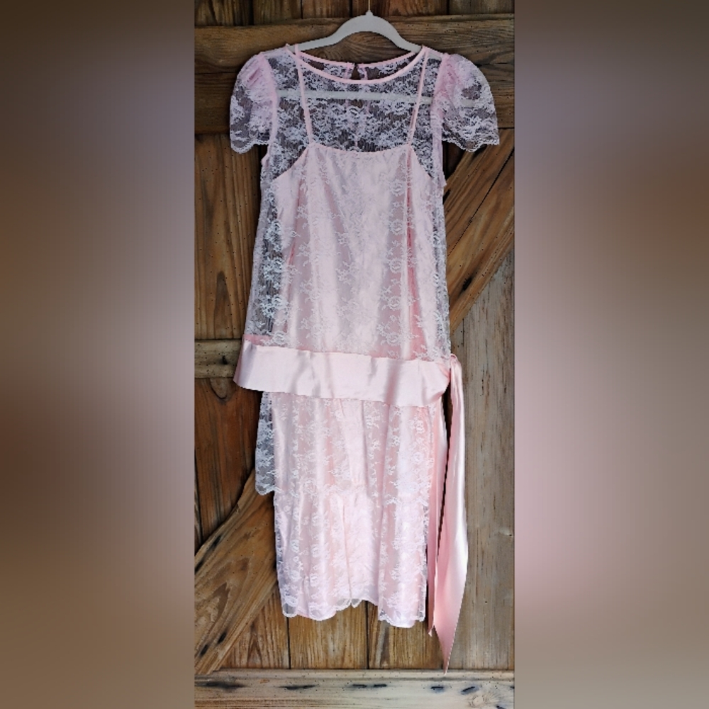 JCPENNEY Vintage Dress 2 Piece Satin/Lace Pink Sz 7/8 Women's Spaghetti Straps